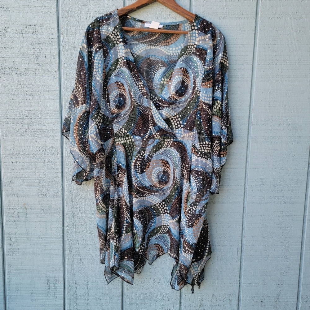 y2k Dress Barn Circle Geo Sparkle Sequin Kimono Handerchief Hem Top sz 14/16